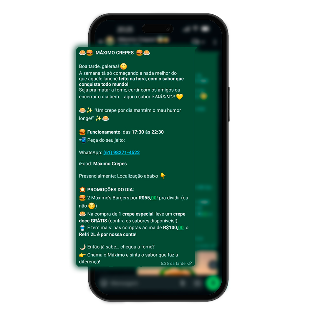 Visual do grupo exclusivo Máximo Crepes em um celular